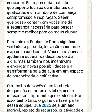 Depoimento sobre confiança, parceria e apoio da Equipe de Profs