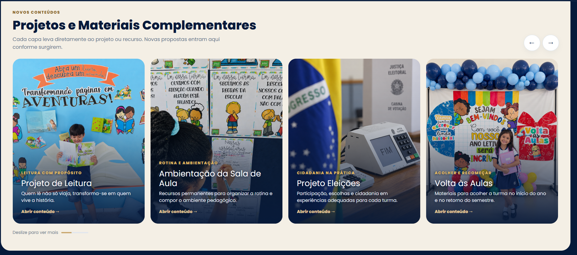 Carrossel real de projetos e materiais complementares