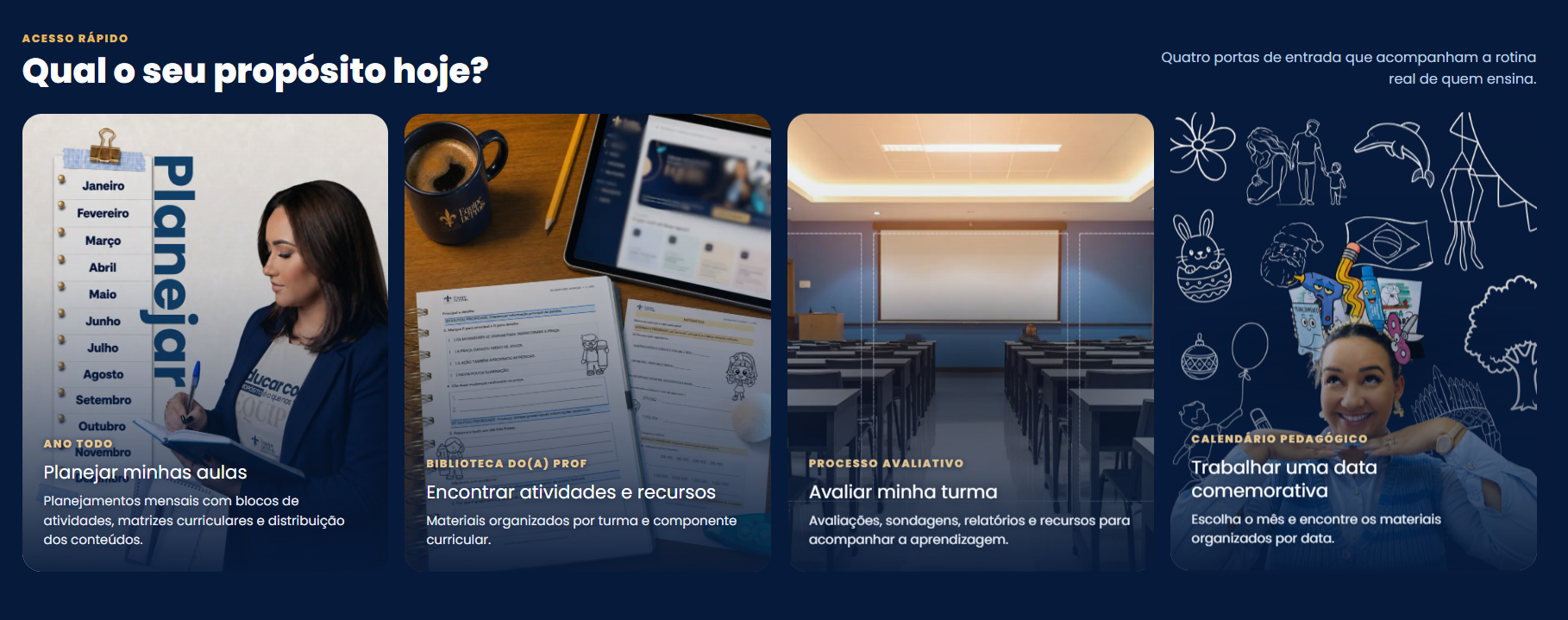 Tela real da plataforma mostrando as quatro portas de entrada
