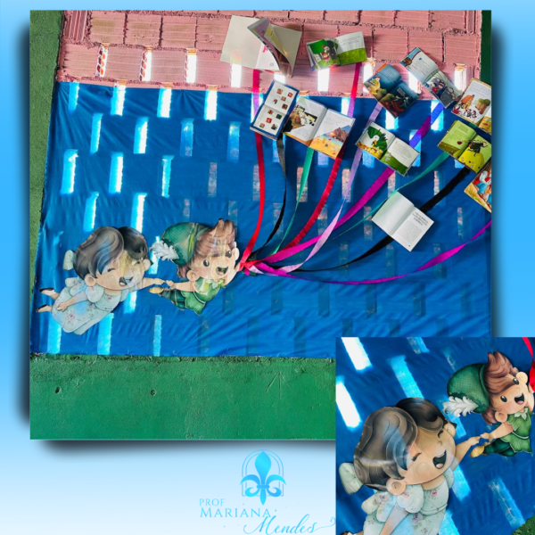 Projeto Contos e encantos - Peter Pan e Wendy Painel com livros voando.